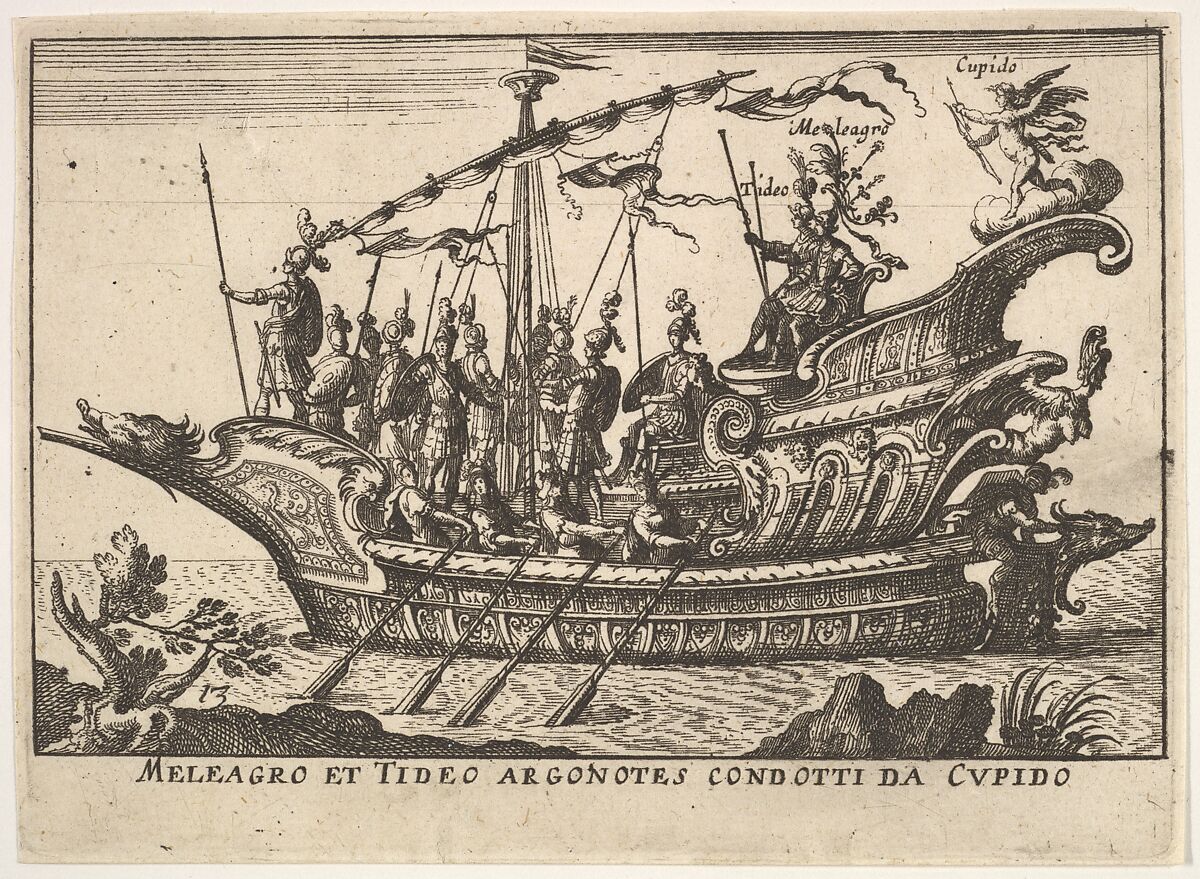 Plate 13: Argonauts Meleager and Tydeus led by Cupid (Meleagro et Tideo Argonotes condotti da Cupido), from the series 'The magnificent pageant on the river Arno in Florence for the marriage of the Grand Duke' (Le Magnifique carousel fait sur le fleuve de l'Arne a Florence, pour le mariage du Grand Duc), for the wedding celebration of Cosimo de' Medici in Florence, 1608, Anonymous, Etching; reverse copy 