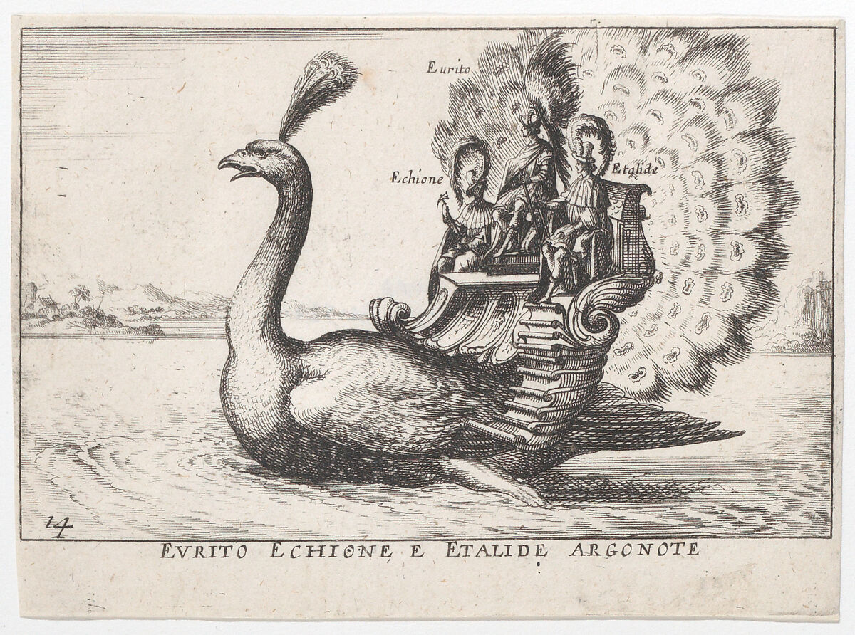Plate 14: The Argonauts Eurytus, Echion, and Aethalides (Eurito Echione e Etalide Argonote), led by Mercury in the form of a peacock, from "The magnificent pageant on the river Arno in Florence for the marriage of the Grand Duke" (Le Magnifique carousel fait sur le fleuve de l'Arne a Florence, pour le mariage du Grand Duc), Anonymous, Etching; reverse copy