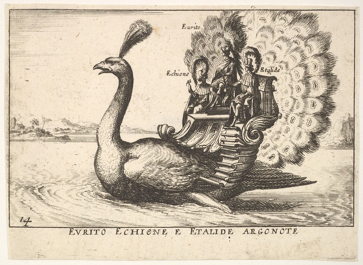 Plate 14: The Argonauts Eurytus, Echion, and Aethalides (Eurito Echione e Etalide Argonote), led by Mercury in the form of a peacock, from the series 'The magnificent pageant on the river Arno in Florence for the marriage of the Grand Duke' (Le Magnifique carousel fait sur le fleuve de l'Arne a Florence, pour le mariage du Grand Duc), for the wedding celebration of Cosimo de' Medici in Florence, 1608, Anonymous, Etching; reverse copy 