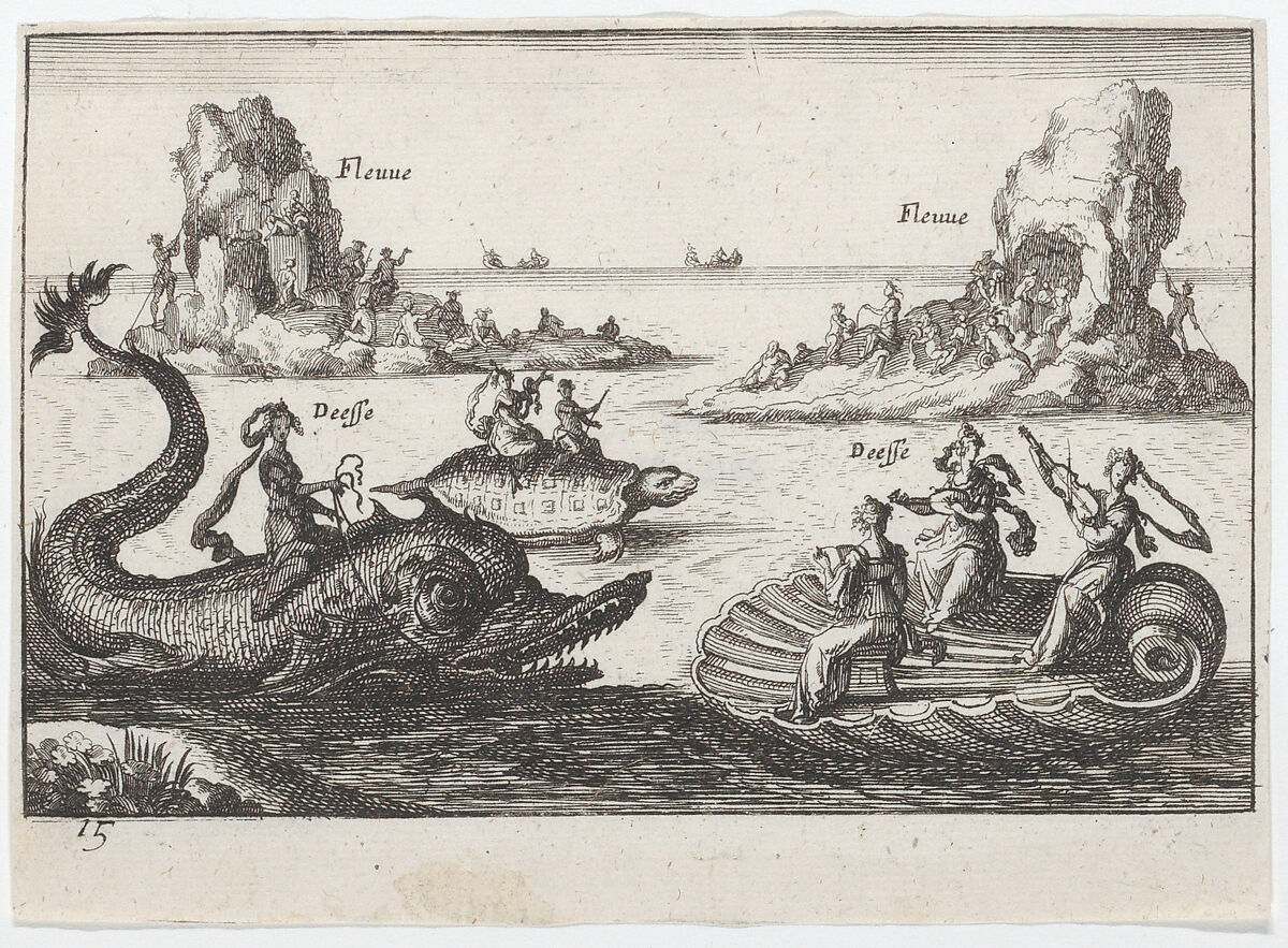 Plate 15: Rivers and goddesses, with floating islands, from "The magnificent pageant on the river Arno in Florence for the marriage of the Grand Duke" (Le Magnifique carousel fait sur le fleuve de l'Arne a Florence, pour le mariage du Grand Duc), Anonymous, Etching; reverse copy