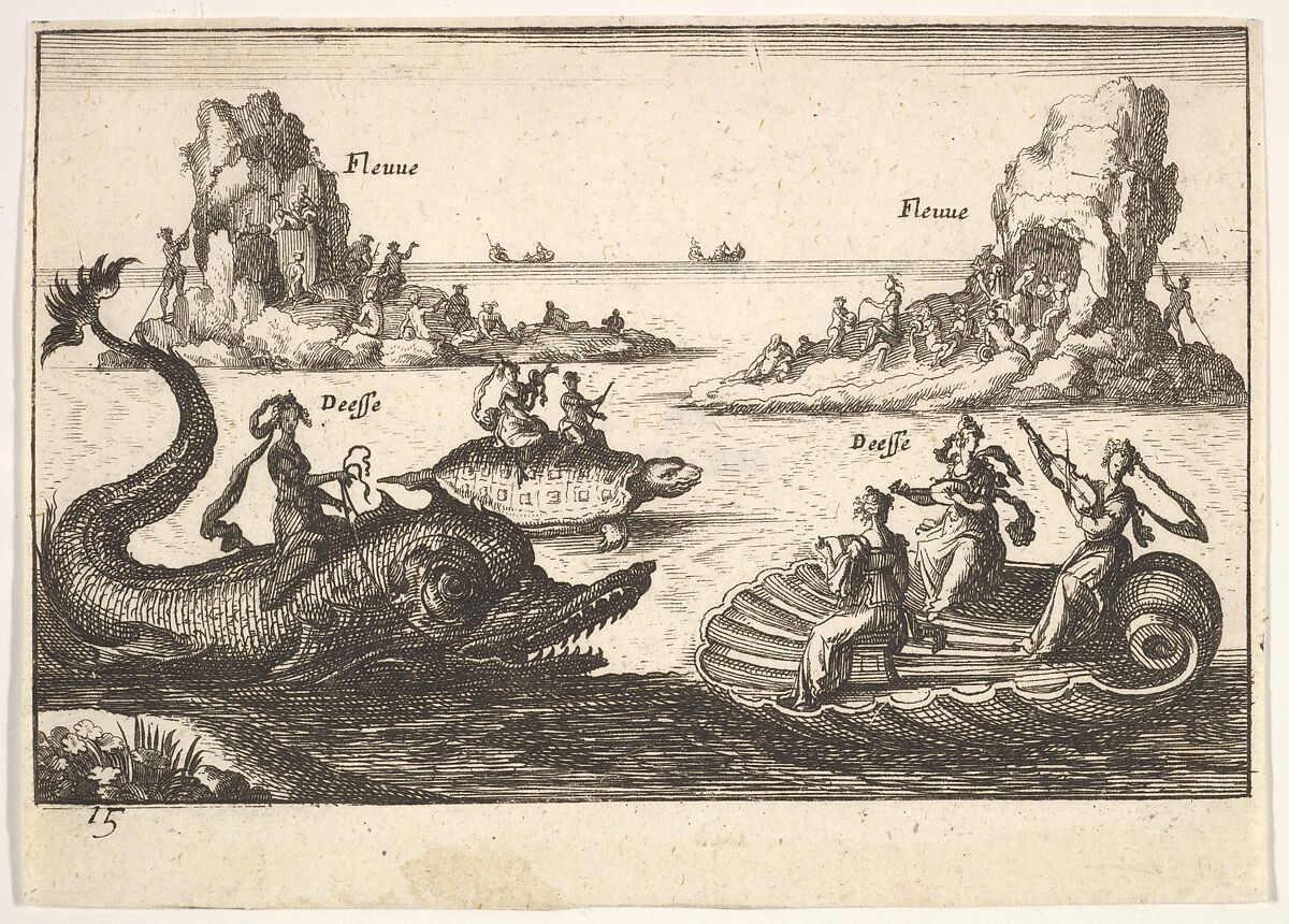 Plate 15: Rivers and goddesses, with floating islands guided by pole bearers, female figures seated on a dolphin and a tortoise, and three female musicians seated on a floating scallop shell , from the series 'The magnificent pageant on the river Arno in Florence for the marriage of the Grand Duke' (Le Magnifique carousel fait sur le fleuve de l'Arne a Florence, pour le mariage du Grand Duc), for the wedding celebration of Cosimo de' Medici in Florence, 1608, Anonymous, Etching; reverse copy 