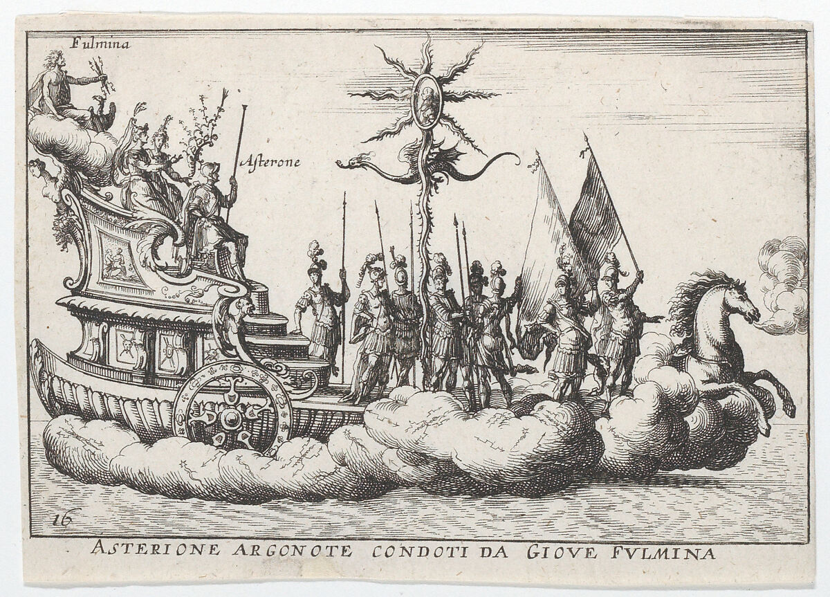 Plate 16: The Argonaut Asterion led by a young figure of lightning (Asterione argonote condoti da Giove fulmina), from "The magnificent pageant on the river Arno in Florence for the marriage of the Grand Duke" (Le Magnifique carousel fait sur le fleuve de l'Arne a Florence, pour le mariage du Grand Duc), Anonymous, Etching; reverse copy