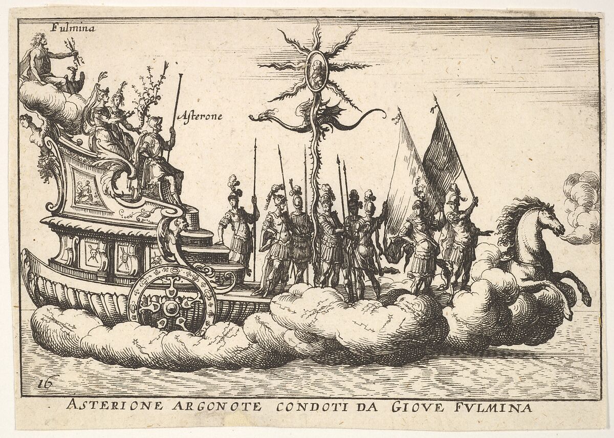 Plate 16: The Argonaut Asterion led by a young figure of lightning (Asterione argonote condoti da Giove fulmina), with two female figures seated between Asterion and the figure of lightning, and a horse enveloped in clouds at the ship's prow, from the series 'The magnificent pageant on the river Arno in Florence for the marriage of the Grand Duke' (Le Magnifique carousel fait sur le fleuve de l'Arne a Florence, pour le mariage du Grand Duc), for the wedding celebration of Cosimo de' Medici in Florence, 1608, Anonymous, Etching; reverse copy 