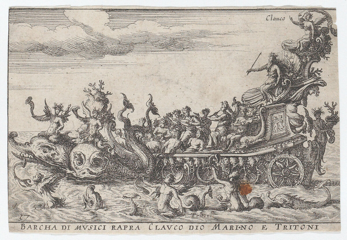 Plate 16: Ship of musicians with the sea god Claucus and tritons (Barcha di musici rapra Clauco dio marino e Tritoni), from "The magnificent pageant on the river Arno in Florence for the marriage of the Grand Duke" (Le Magnifique carousel fait sur le fleuve de l'Arne a Florence, pour le mariage du Grand Duc), Anonymous, Etching