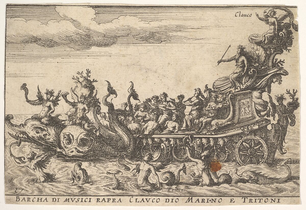 Plate 16: Ship of musicians with the sea god Claucus and tritons (Barcha di musici rapra Clauco dio marino e Tritoni), from the series 'The magnificent pageant on the river Arno in Florence for the marriage of the Grand Duke' (Le Magnifique carousel fait sur le fleuve de l'Arne a Florence, pour le mariage du Grand Duc), for the wedding celebration of Cosimo de' Medici in Florence, 1608, Anonymous, Etching 