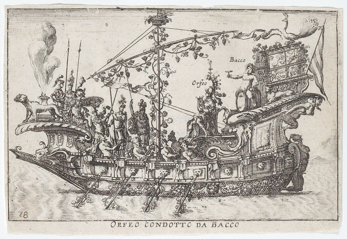 Plate 18: Orpheus led by Bacchus (Orfeo condotto da Bacco), from "The magnificent pageant on the river Arno in Florence for the marriage of the Grand Duke" (Le Magnifique carousel fait sur le fleuve de l'Arne a Florence, pour le mariage du Grand Duc), Anonymous, Etching; reverse copy