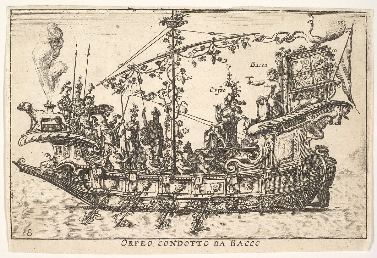 Plate 18: Orpheus led by Bacchus (Orfeo condotto da Bacco), from the series 'The magnificent pageant on the river Arno in Florence for the marriage of the Grand Duke' (Le Magnifique carousel fait sur le fleuve de l'Arne a Florence, pour le mariage du Grand Duc), for the wedding celebration of Cosimo de' Medici in Florence, 1608, Anonymous, Etching; reverse copy 