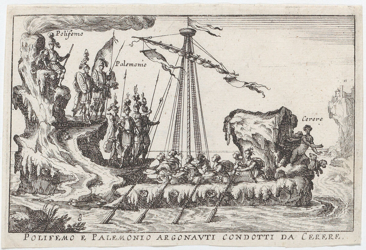 Plate 8: Polyphemus and Palemonius led by Ceres (Polifemo e Palemonio Argonauti condotti da Cerere), from "The magnificent pageant on the river Arno in Florence for the marriage of the Grand Duke" (Le Magnifique carousel fait sur le fleuve de l'Arne a Florence, pour le mariage du Grand Duc), Anonymous, Etching