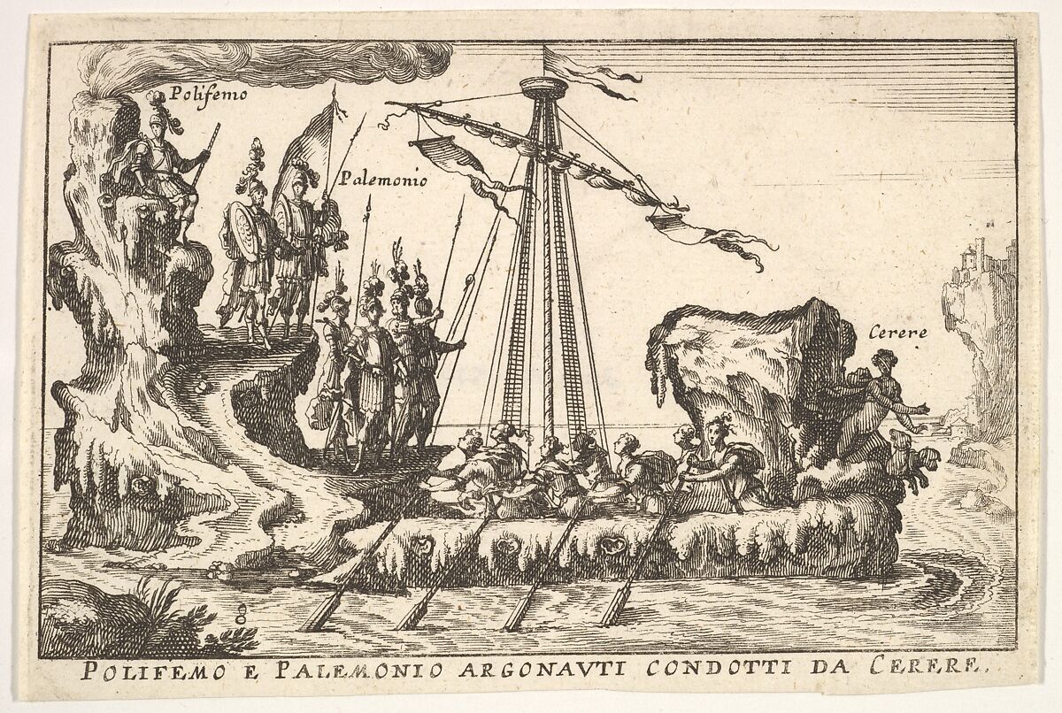 Plate 8: Polyphemus and Palemonius led by Ceres (Polifemo e Palemonio Argonauti condotti da Cerere), with sterncastle in the form of a volcano, from the series 'The magnificent pageant on the river Arno in Florence for the marriage of the Grand Duke' (Le Magnifique carousel fait sur le fleuve de l'Arne a Florence, pour le mariage du Grand Duc), for the wedding celebration of Cosimo de' Medici in Florence, 1608, Anonymous, Etching 