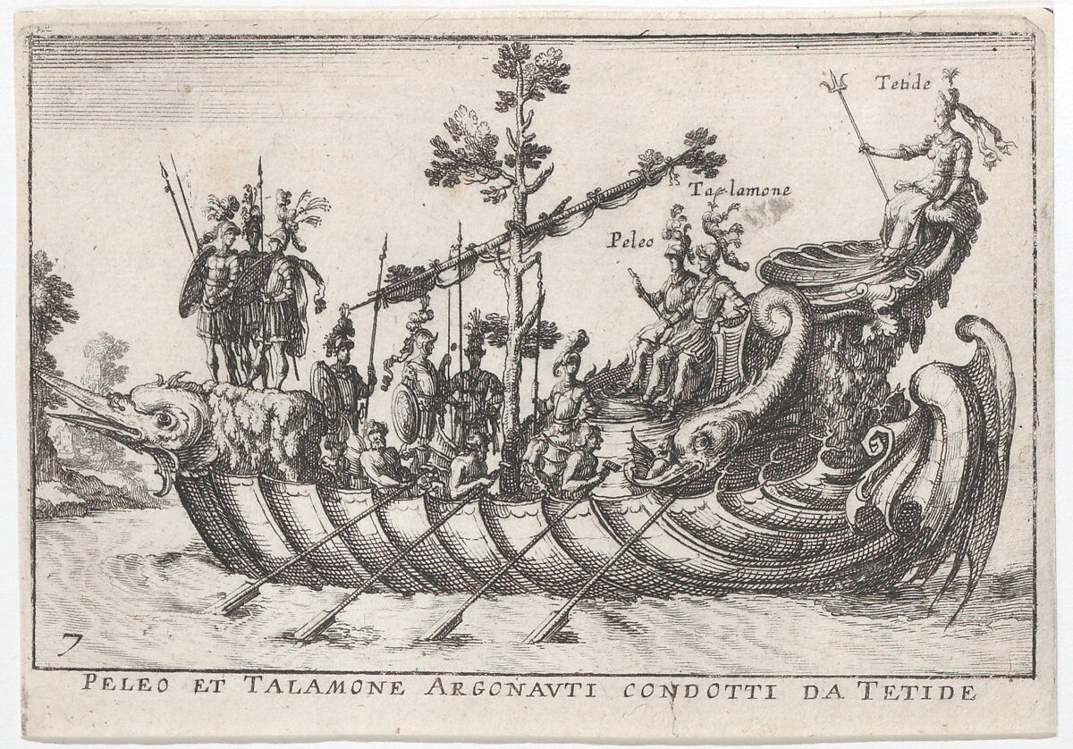Plate 7: Peleo et Talamone Argonauti condotti da Tetide, from "The magnificent pageant on the river Arno in Florence for the marriage of the Grand Duke" (Le Magnifique carousel fait sur le fleuve de l'Arne a Florence, pour le mariage du Grand Duc), Anonymous, Etching; reverse copy