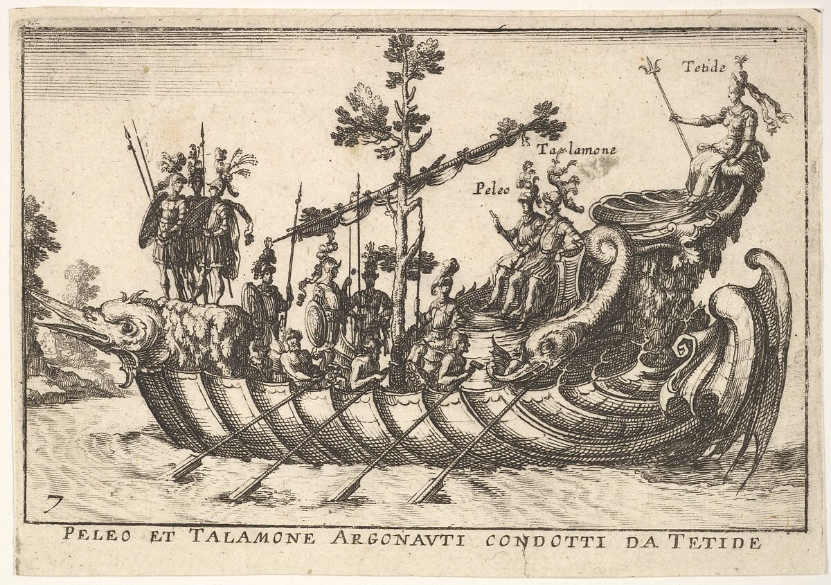 Plate 7: Peleo et Talamone Argonauti condotti da Tetide, from The magnificent pageant on the Arno in Florence for the marriage of the Grand Duke (Le Manifique Carousel fait sur le fleuve de l'Arne a Florence, pour le mariage du grand Duc), Anonymous, Etching; reverse copy 