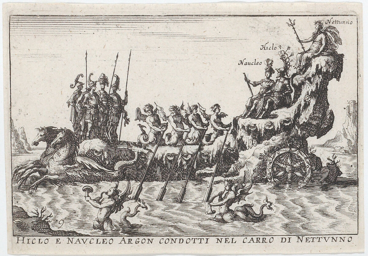 Plate 9: Argonauts Hicleus and Naucleus led in the float of Neptune (Hicleo e Naucleo Argon. condotti nel carro di Nattunno), from "The magnificent pageant on the river Arno in Florence for the marriage of the Grand Duke" (Le Magnifique carousel fait sur le fleuve de l'Arne a Florence, pour le mariage du Grand Duc), Anonymous, Etching