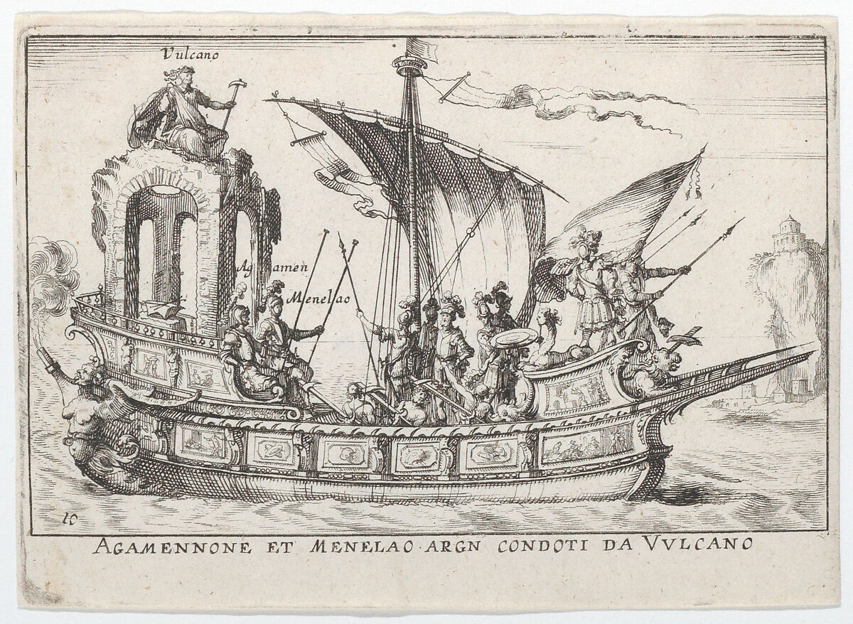 Plate 10: Agamemnon and Menelaus seated in a boat accompanied by other figures including Vulcan (Agamennone et Menelao Argn. condoti da Vulcano), from "The magnificent pageant on the river Arno in Florence for the marriage of the Grand Duke" (Le Magnifique carousel fait sur le fleuve de l'Arne a Florence, pour le mariage du Grand Duc), Anonymous, Etching