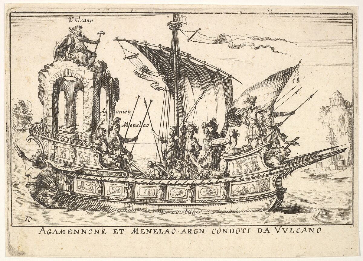 Plate 10: Agamemnon and Menelaus seated in a boat accompanied by other figures including Vulcan (Agamennone et Menelao Argn. condoti da Vulcano), from the series 'The magnificent pageant on the river Arno in Florence for the marriage of the Grand Duke' (Le Magnifique carousel fait sur le fleuve de l'Arne a Florence, pour le mariage du Grand Duc), for the wedding celebration of Cosimo de' Medici in Florence, 1608, Anonymous, Etching 