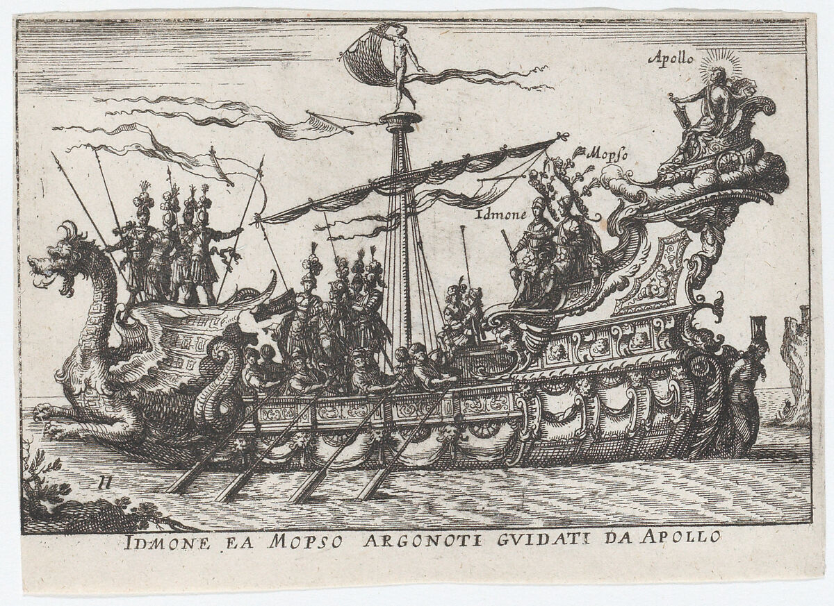 Plate 11: Idmon and Mopsus guided by Apollo (Idmone ea Mopso Argonoti guidati da Apollo), from "The magnificent pageant on the river Arno in Florence for the marriage of the Grand Duke" (Le Magnifique carousel fait sur le fleuve de l'Arne a Florence, pour le mariage du Grand Duc), Anonymous, Etching