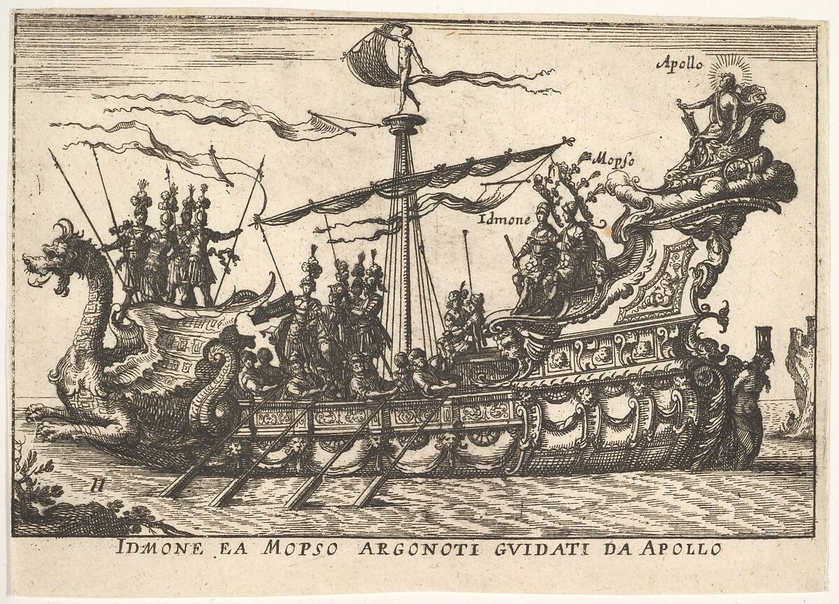 Plate 11: Idmon and Mopsus guided by Apollo (Idmone ea Mopso Argonoti guidati da Apollo), with an aureole around Apollo's head, from the series 'The magnificent pageant on the river Arno in Florence for the marriage of the Grand Duke' (Le Magnifique carousel fait sur le fleuve de l'Arne a Florence, pour le mariage du Grand Duc), for the wedding celebration of Cosimo de' Medici in Florence, 1608, Anonymous, Etching 