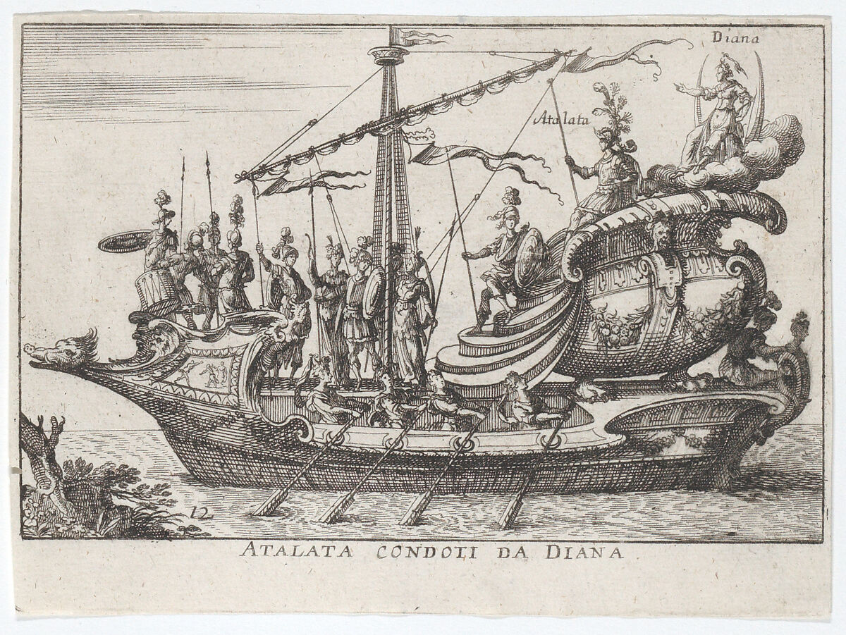 Plate 12: Atalanta led by Diana (Atalata condoti da Diana), from "The magnificent pageant on the river Arno in Florence for the marriage of the Grand Duke" (Le Magnifique carousel fait sur le fleuve de l'Arne a Florence, pour le mariage du Grand Duc), Anonymous, Etching