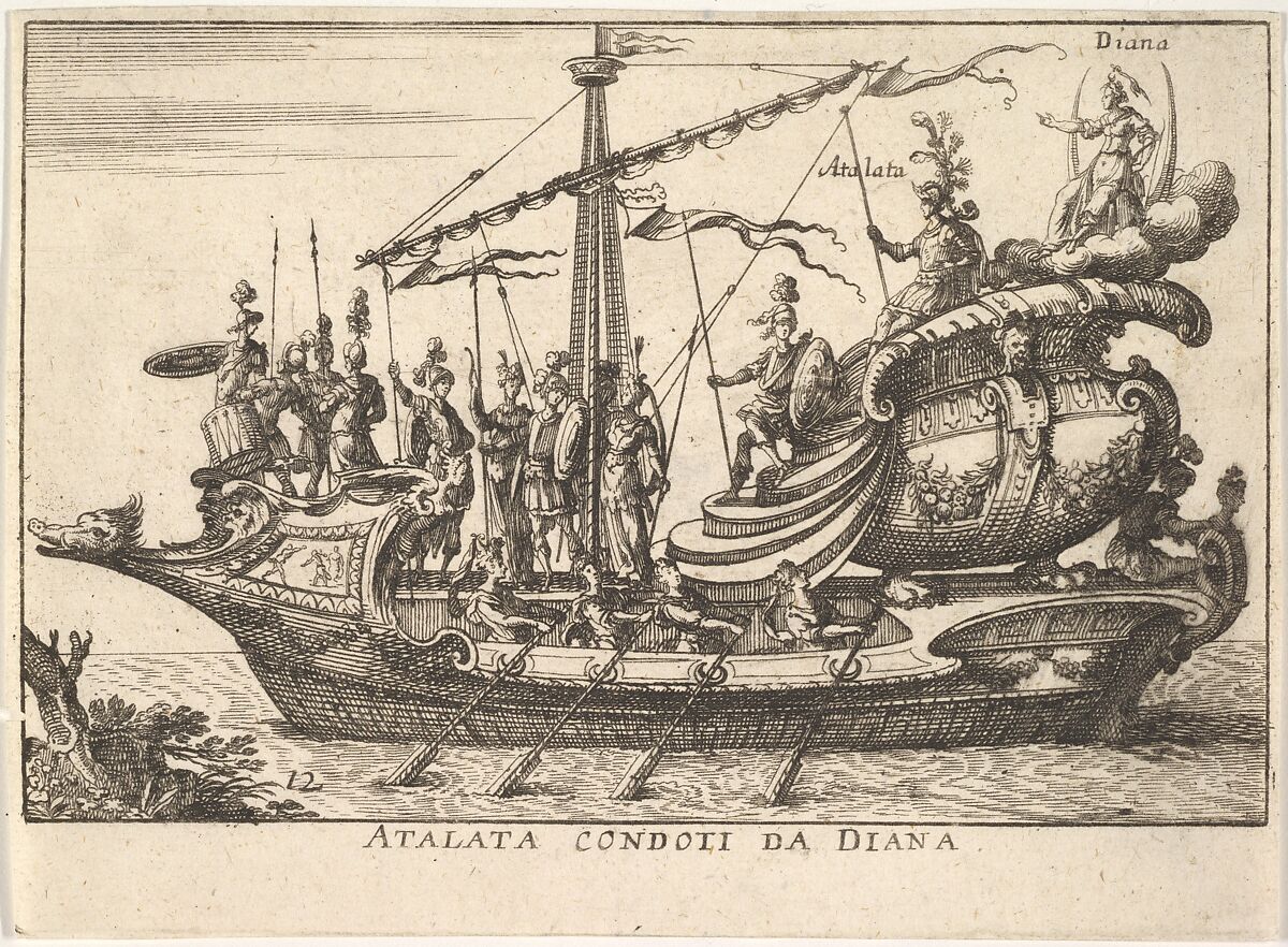 Plate 12: Atalanta led by Diana (Atalata condoti da Diana), accompanied by warriors bearing shields and spears, from the series 'The magnificent pageant on the river Arno in Florence for the marriage of the Grand Duke' (Le Magnifique carousel fait sur le fleuve de l'Arne a Florence, pour le mariage du Grand Duc), for the wedding celebration of Cosimo de' Medici in Florence, 1608, Anonymous, Etching 