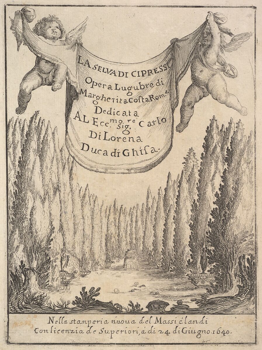 Frontispiece for 'The Cypress Forest' (La selva di cipressi): two putti hold a tapestry in center, a forest of cypress trees and statues below, a skull and bones on the ground, Stefano della Bella (Italian, Florence 1610–1664 Florence), Etching 