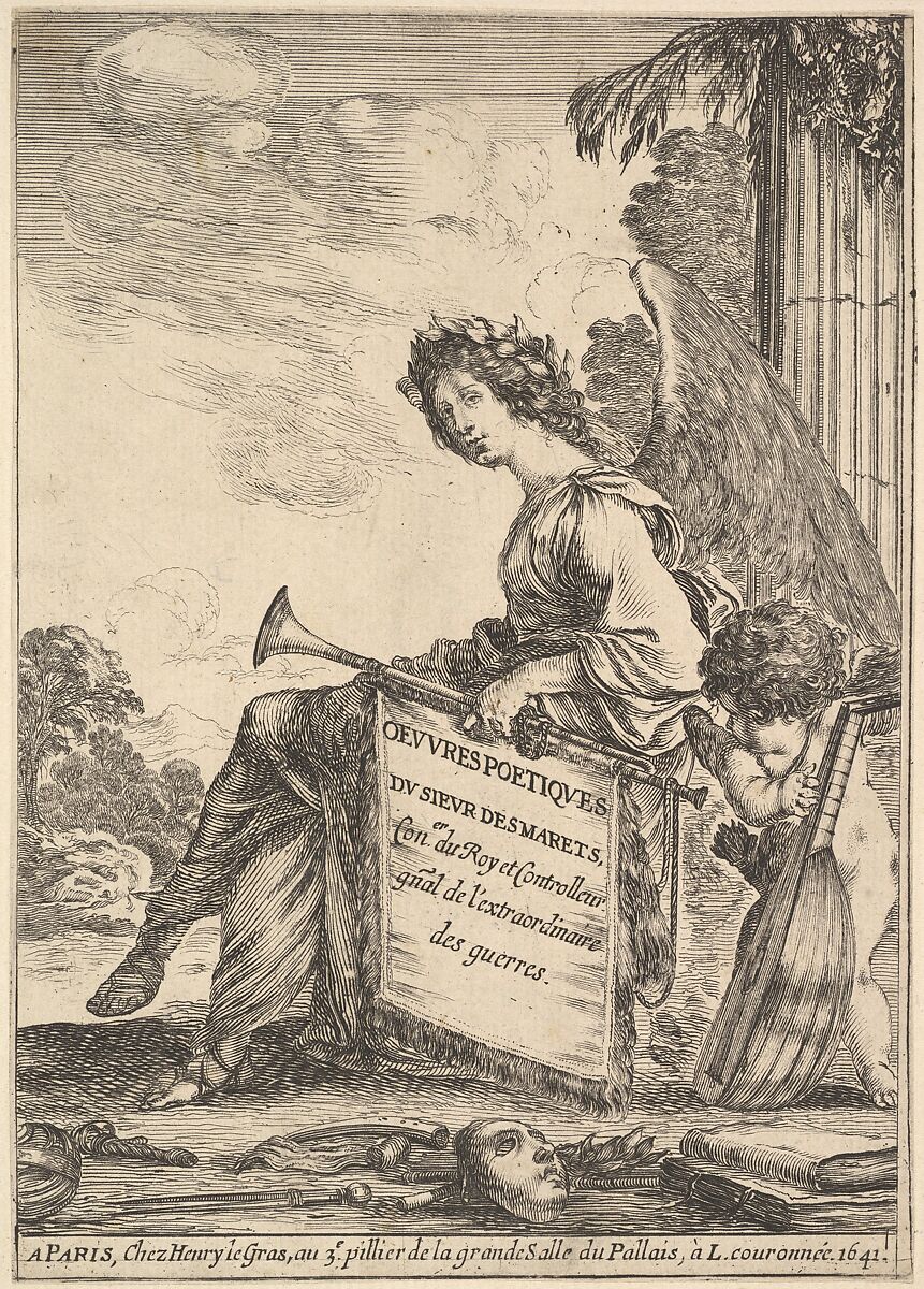 Frontispiece for 'Poems by Desmarets' (Oeuvres poétiques de Desmarets): a winged woman representing poetry sitting in center, turned towards the left, holding a bugle in her left hand, a putto at right tuning a lute, a mask, books, and swords on ground below, Stefano della Bella (Italian, Florence 1610–1664 Florence), Etching 