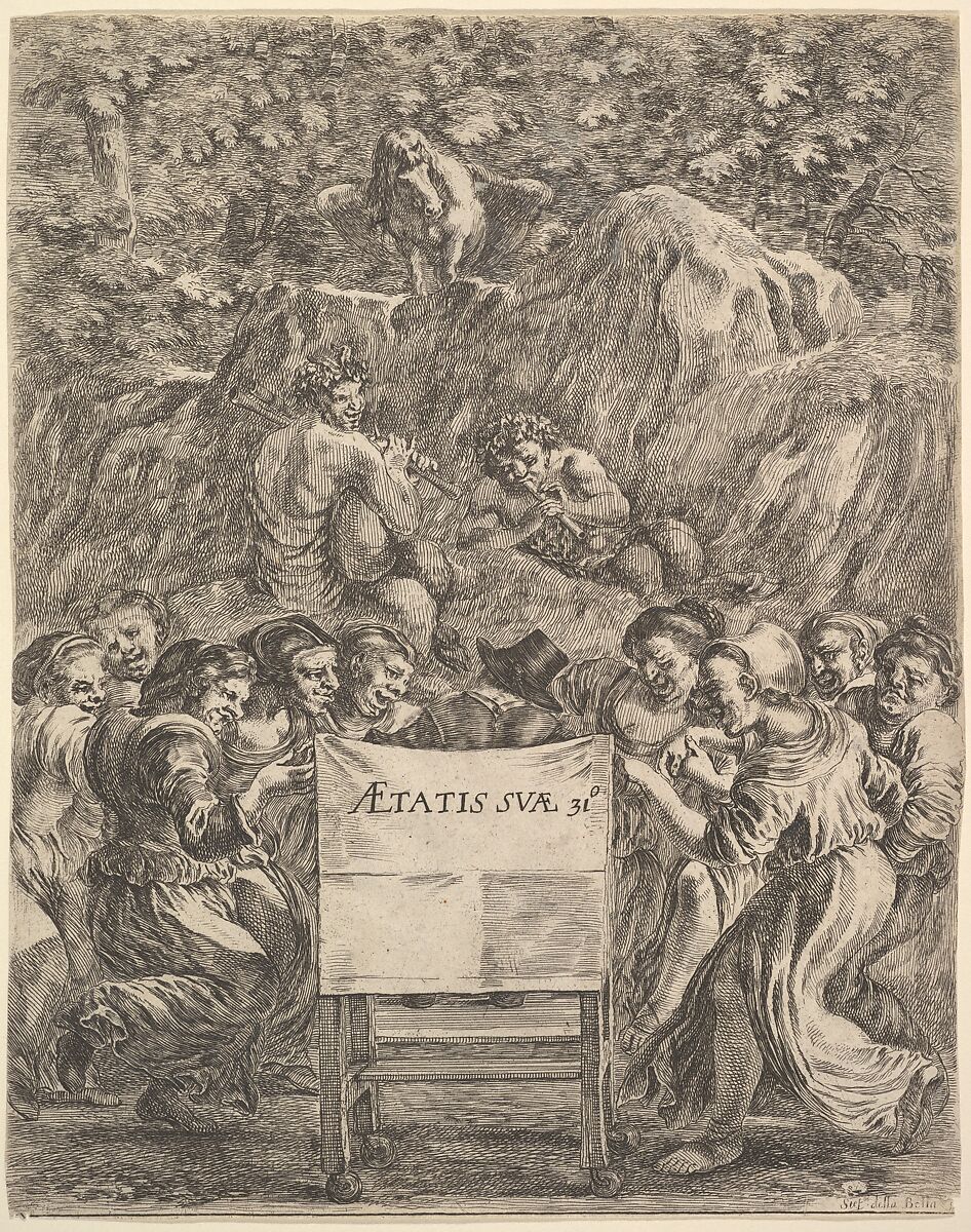 Frontispiece for 'The Works of Scarron' (Œuvres de Scarron); the poet sitting in a chair, seen from behind, women to either side representing caricatures of the nine muses, Pan, Bacchus, and Pegasus on a representation of Mt. Helicon above, Stefano della Bella (Italian, Florence 1610–1664 Florence), Etching 