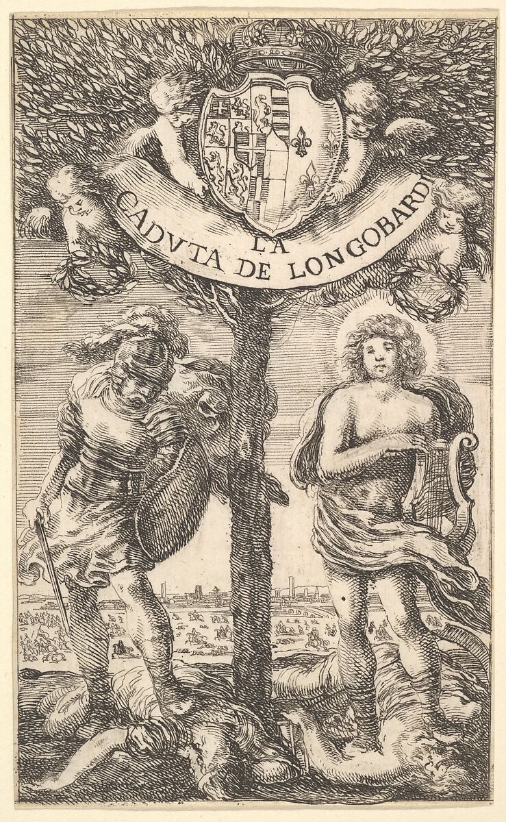 Frontispiece for 'The Fall of Longobardi' (La Caduta de' Longobardi), poems by Sigismond Boldoni; a laurel tree at center, two putti holding up the coat of arms of Christine of France, duchess of Savoy, to whom the poems are dedicated, two putti below holding up the banner with the title, placing wreaths of laurel onto the heads of Apollo at right and Mars at left, Stefano della Bella (Italian, Florence 1610–1664 Florence), Etching 