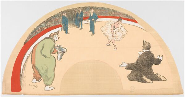 Circus Arena with the Clown and Ballet Dancer, Henri-Gabriel Ibels (French, Paris 1867–1936 Paris), Lithograph on silk fan leaf 