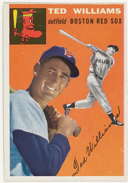 Card Number 1, Ted Williams, Outfield, Boston Red Sox, from "1954 Topps Regular Issue" series (R414-8), issued by Topps Chewing Gum Company., Issued by Topps Chewing Gum Company (American, Brooklyn), Commercial color lithograph