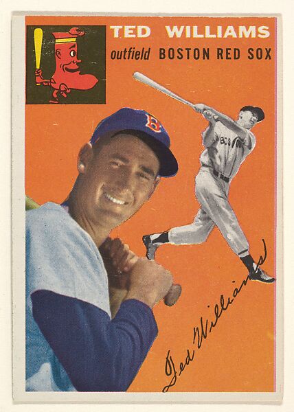 Card Number 1, Ted Williams, Outfield, Boston Red Sox, from "1954 Topps Regular Issue" series (R414-8), issued by Topps Chewing Gum Company., Issued by Topps Chewing Gum Company (American, Brooklyn), Commercial color lithograph 