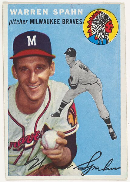 Card Number 20, Warren Spahn, Pitcher, Milwaukee Braves, from "1954 Topps Regular Issue" series (R414-8), issued by Topps Chewing Gum Company., Issued by Topps Chewing Gum Company (American, Brooklyn), Commercial color lithograph