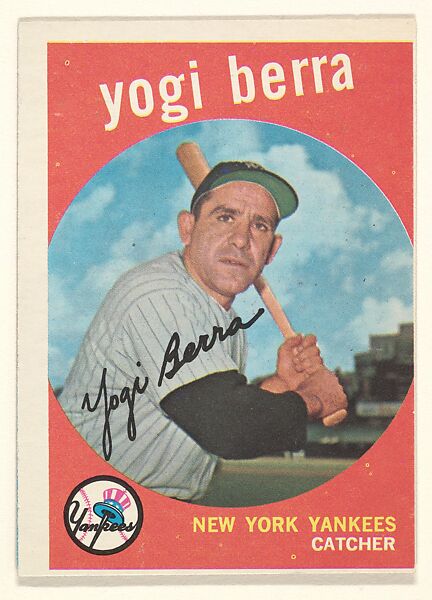 Issued by Topps Chewing Gum Company, Card Number 1, Larry (Yogi) Berra,  Catcher, New York Yankees, from the Topps Red/ Blue Backs series (R414-5)  issued by Topps Chewing Gum Company