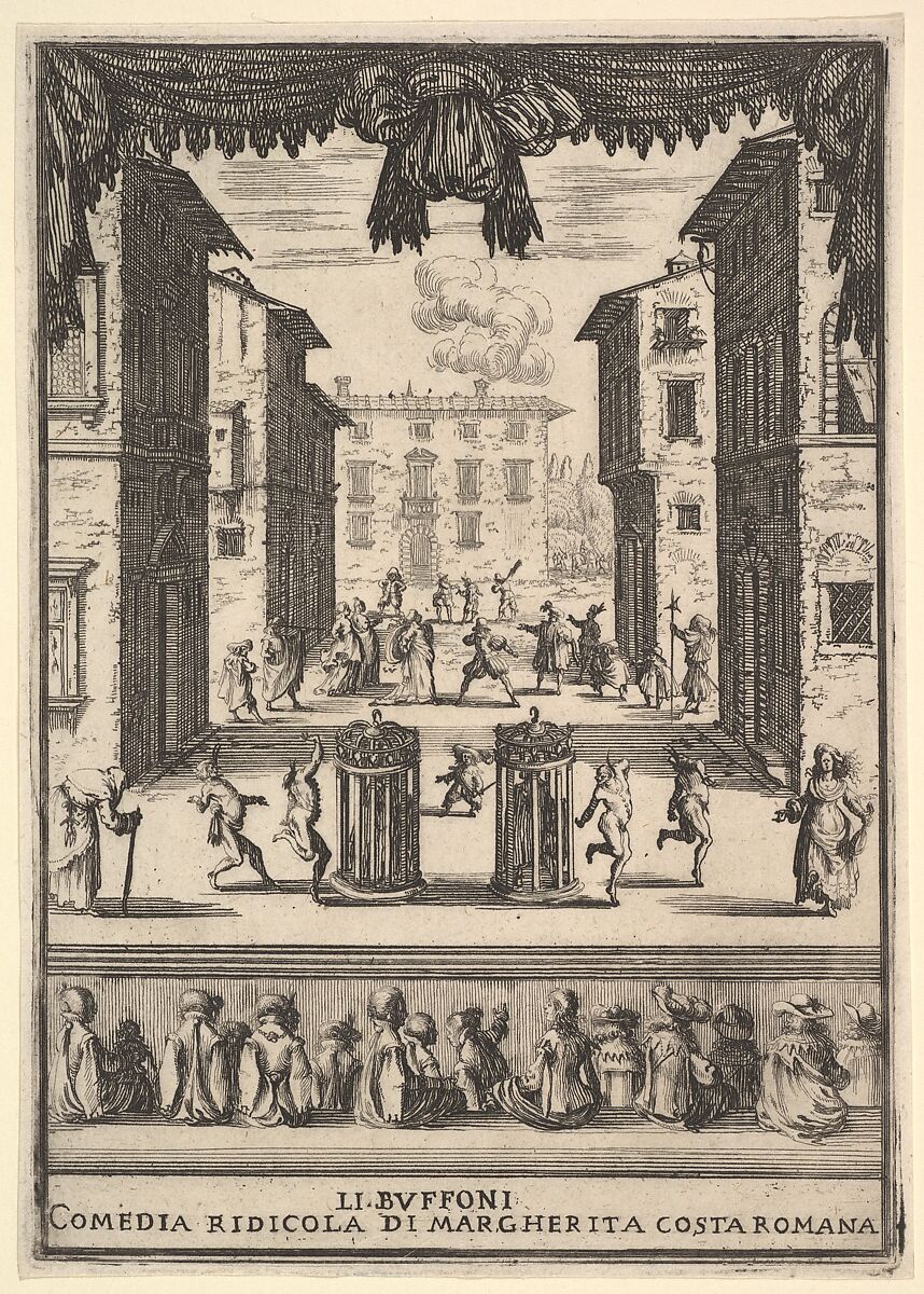 Frontispiece for the comedy 'The Buffoons' (Li Buffoni), a set on stage resembling a public space, various figures dancing around two people in cages in center stage, fifteen spectators below, Stefano della Bella (Italian, Florence 1610–1664 Florence), Etching 