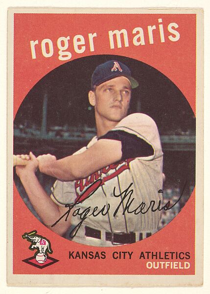 Issued by Topps Chewing Gum Company, Roger Maris, Outfielder, Kansas City  Athletics, from the 1959 Topps Regular Issue series (R414-14), issued by  Topps Chewing Gum Company.