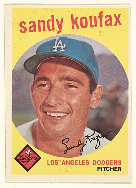 Issued by Topps Chewing Gum Company, Sandy Koufax, Pitcher, Los Angeles  Dodgers, from the 1959 Topps Regular Issue series (R414-14), issued by  Topps Chewing Gum Company.