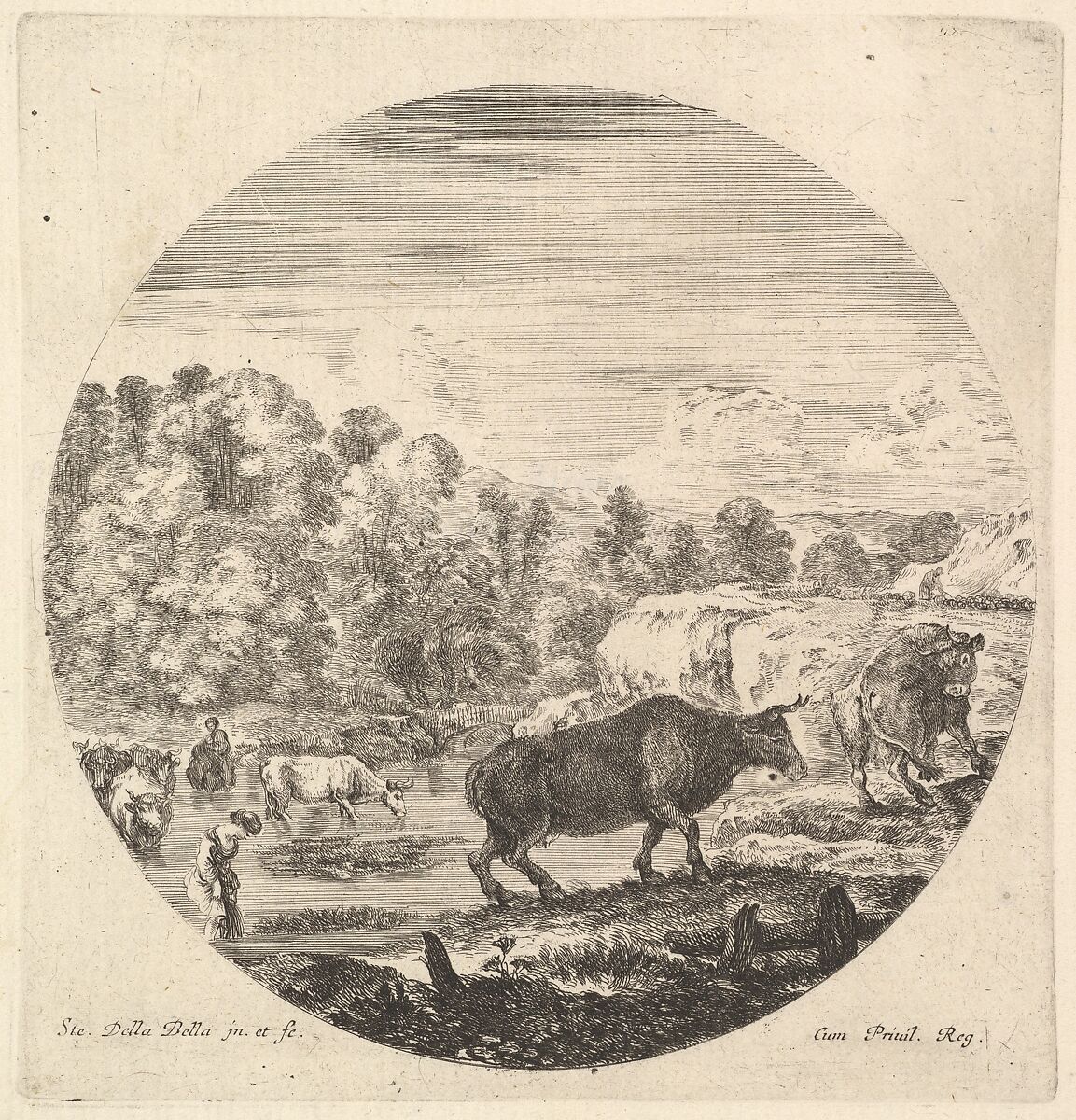 Two cows in center, followed by two peasant women and other cows in the river to left, a round composition, from 'Six animal subjects' (Six sujets d'animaux), Stefano della Bella (Italian, Florence 1610–1664 Florence), Etching 