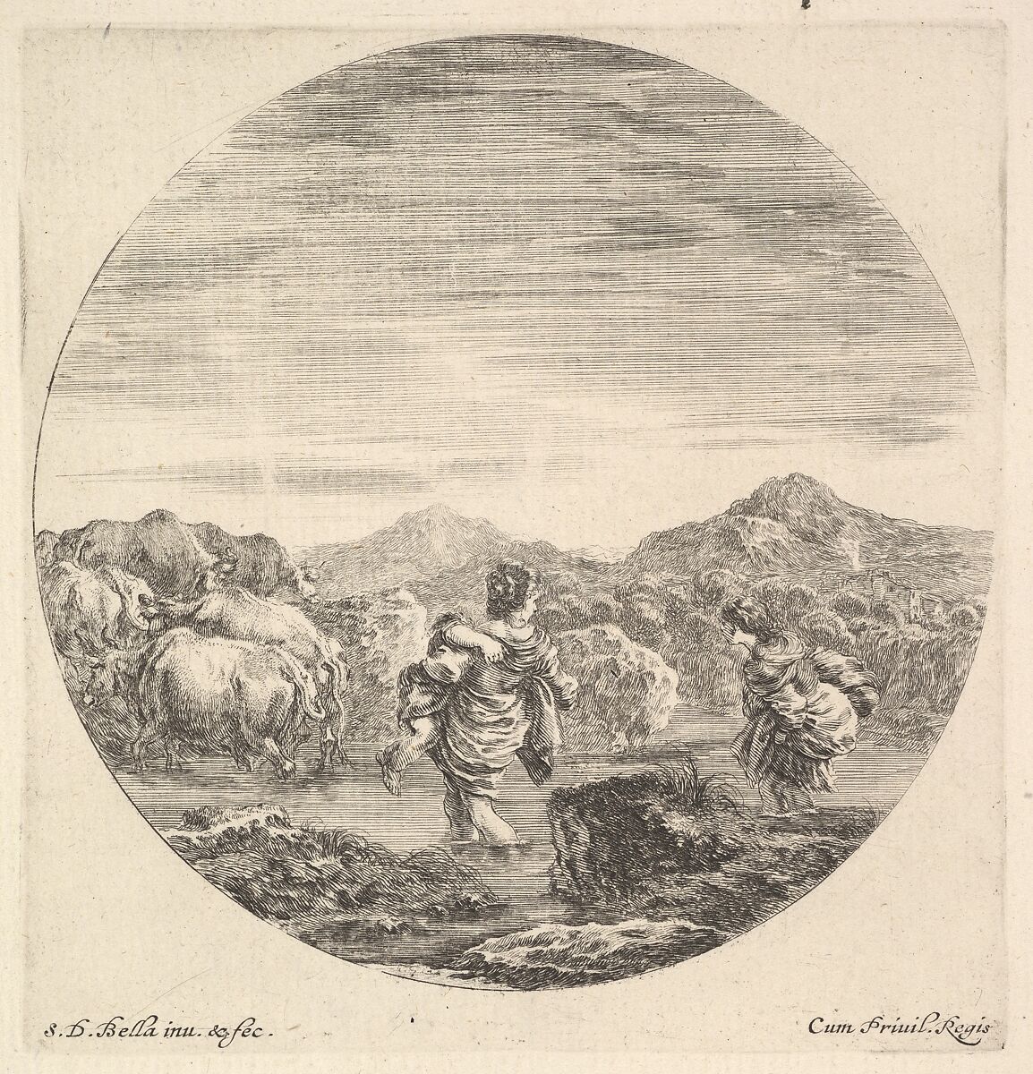 A woman carrying a child in center, seen from behind, another woman to right, facing left, following a group of cows across a river, a round composition, from 'Six animal subjects' (Six sujets d'animaux), Stefano della Bella (Italian, Florence 1610–1664 Florence), Etching 