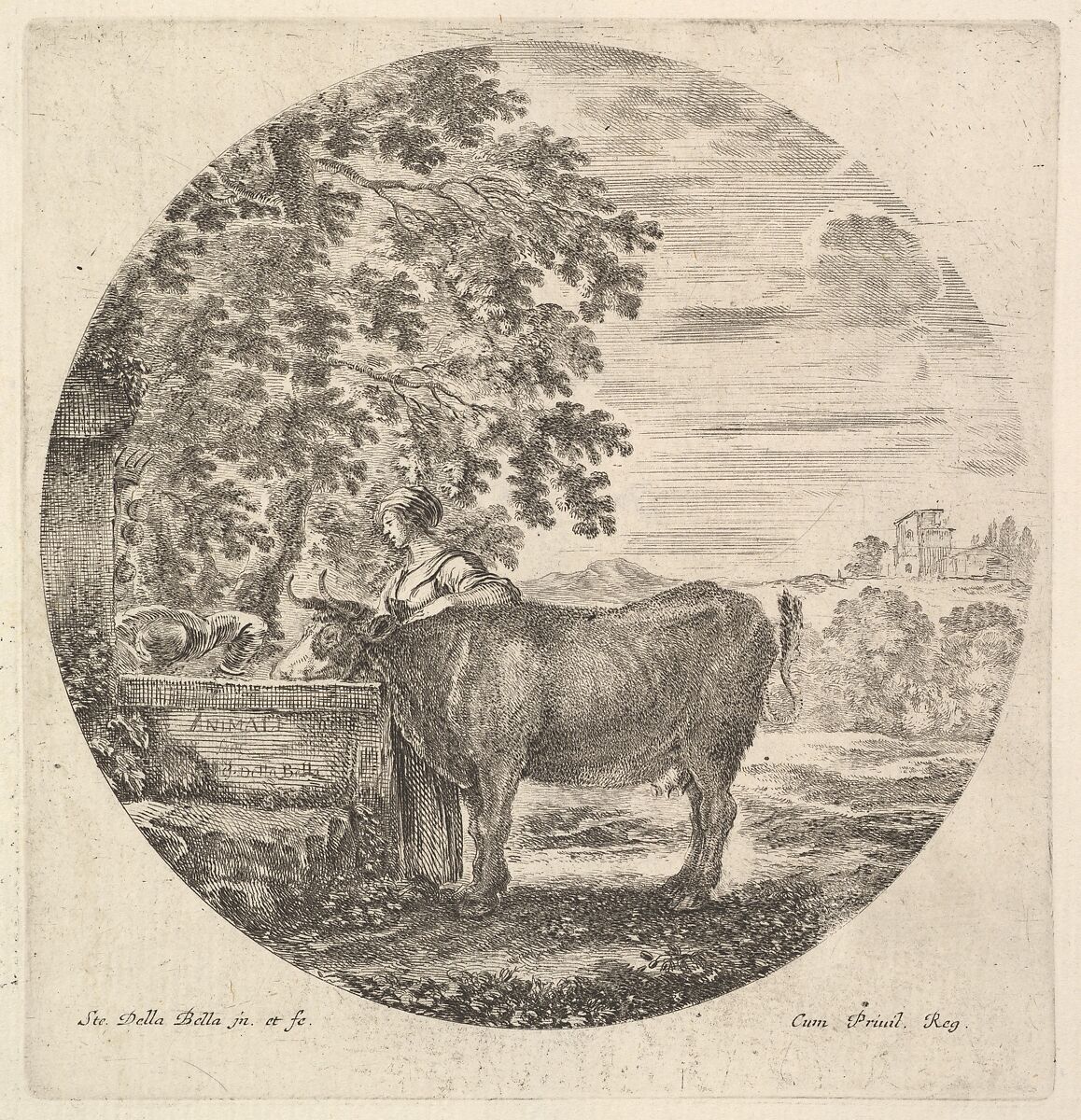 A cow in center drinking from a fountain adorned with the Medici coat of arms at left, accompanied by a shepherd standing behind, a round composition, from 'Six animal subjects' (Six sujets d'animaux), Stefano della Bella (Italian, Florence 1610–1664 Florence), Etching 
