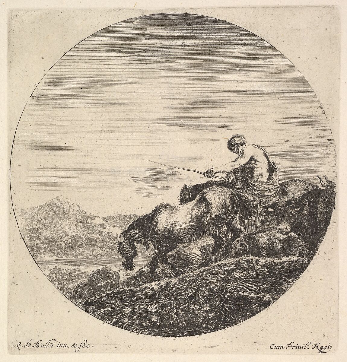 A shepherd at right, facing left, driving a group of animals downhill, a round composition, from 'Six animal subjects' (Six sujets d'animaux), Stefano della Bella (Italian, Florence 1610–1664 Florence), Etching 