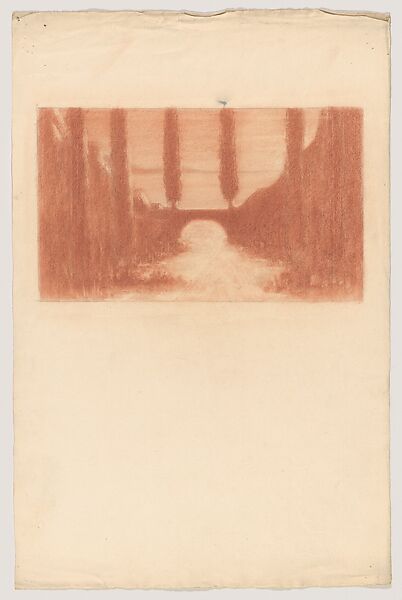 Landscape with Bridge and Cypress Trees, Herbert E. Crowley (British, Eltham, Kent 1873–1937 Ascona, Switzerland), Red chalk or crayon 