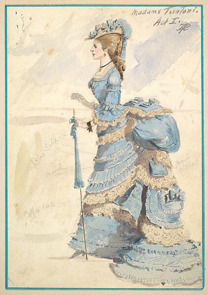 Costume Design for Madame Trentoni,  Act I, from the play "Captain Jinks of the Horse Marines", Percy Anderson (British, 1850/51–1928 London), Watercolor over graphite 
