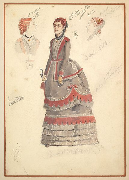 Costume Designs for Mrs. Stonington for Act I and Act III, from the play "Captain Jinks of the Horse Marines", Percy Anderson (British, 1850/51–1928 London), Watercolor over graphite 