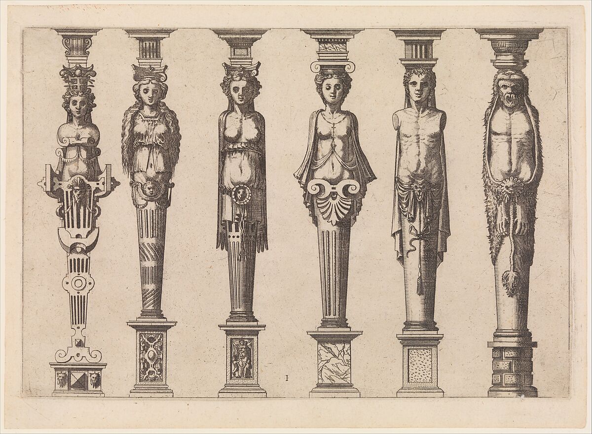 Six terms, four female and two male, with Hercules at far right, plate 1, from Caryatidum [...] sive Athlantidum multiformium ad quemlibet Architecture ordinem Accommodatarum centuria prima [...], after Hans Vredeman de Vries (Netherlandish, Leeuwarden 1527–1606 (?)  Antwerp (?)), Etching; first state of two (Hollstein) 