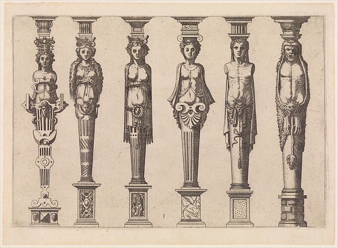 Six terms, four female and two male, with Hercules at far right, plate 1, from Caryatidum [...] sive Athlantidum multiformium ad quemlibet Architecture ordinem Accommodatarum centuria prima [...]