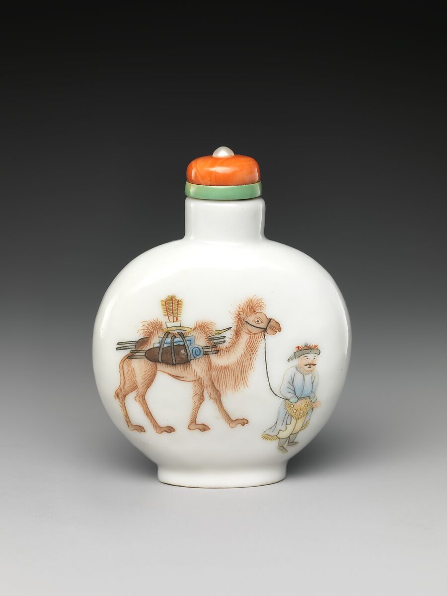 Snuff bottle with camel wrangler and Manchu horse rider, Porcelain with overglazed enamel colors (Jingdezhen ware), coral stopper, China