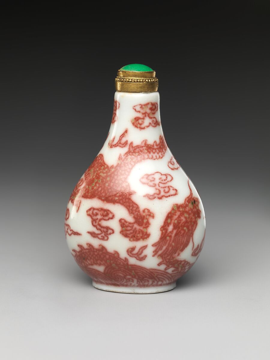 Snuff Bottle with Dragon, Porcelain with jadeite stopper, China