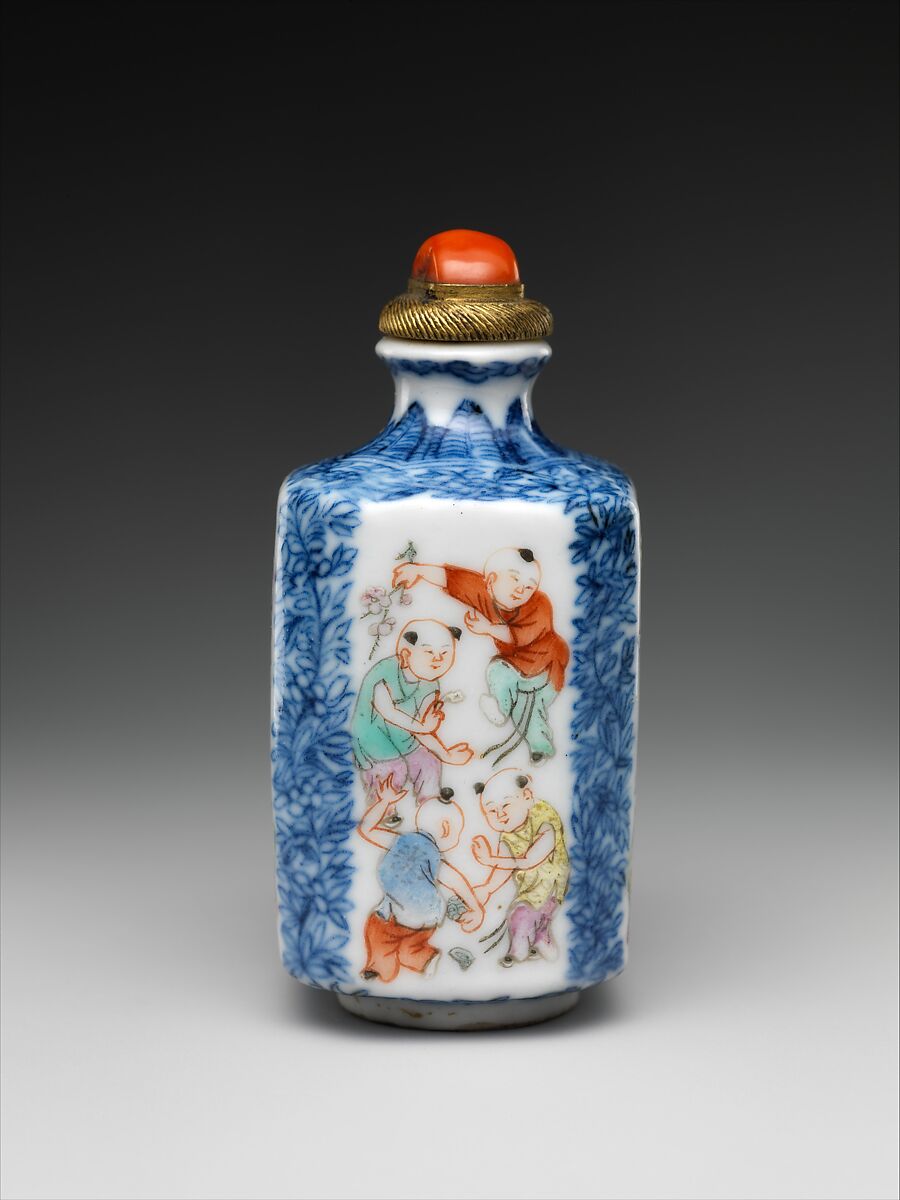 Snuff bottle with boys at play, Porcelain painted with underglaze cobalt blue and overglaze enamels (Jingdezhen ware) with coral and metal stopper, China
