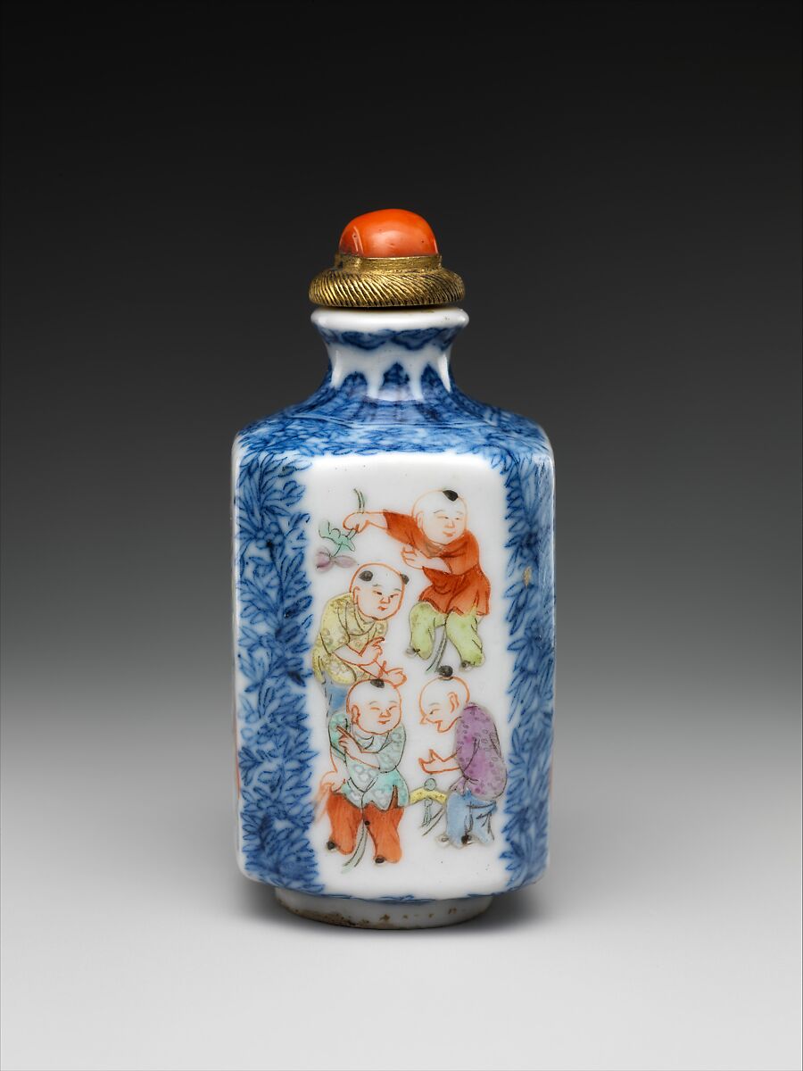 Snuff bottle with boys at play, Porcelain painted with underglaze cobalt blue and overglaze enamels (Jingdezhen ware) with coral and metal stopper, China