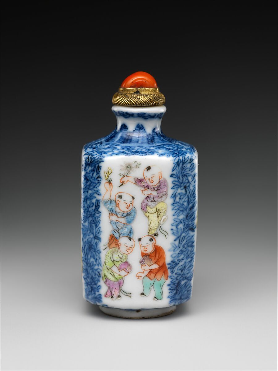 Snuff bottle with boys at play, Porcelain painted with underglaze cobalt blue and overglaze enamels (Jingdezhen ware) with coral and metal stopper, China 