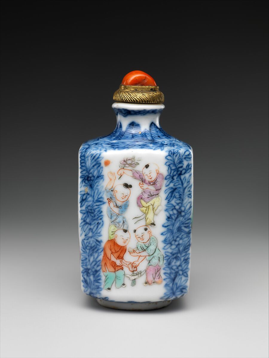Snuff bottle with boys at play, Porcelain painted with underglaze cobalt blue and overglaze enamels (Jingdezhen ware) with coral and metal stopper, China