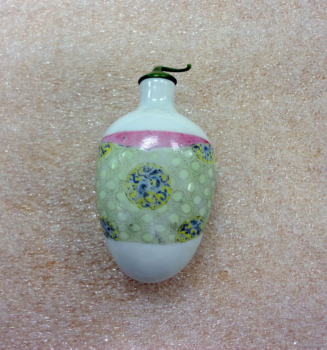 Snuff Bottle with Design of Parcel Wrapper, Porcelain with overglaze enamel colors, China 